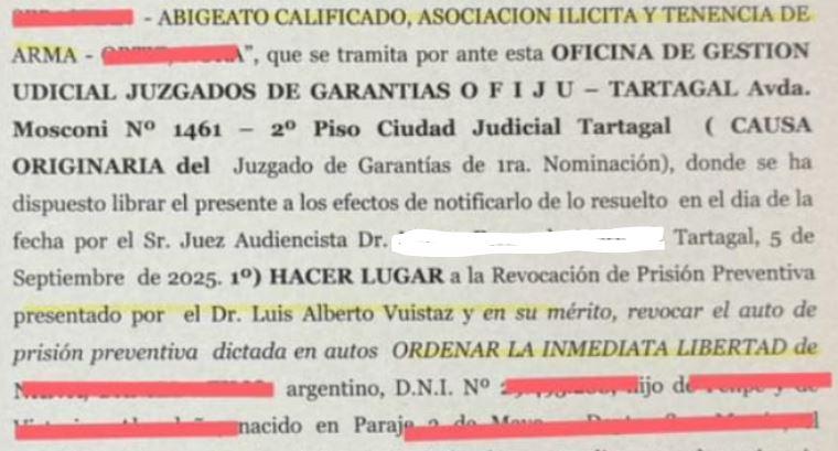 Imagen de: #tartagal - Libertad Inmediata para Imputado en Causa Compleja
